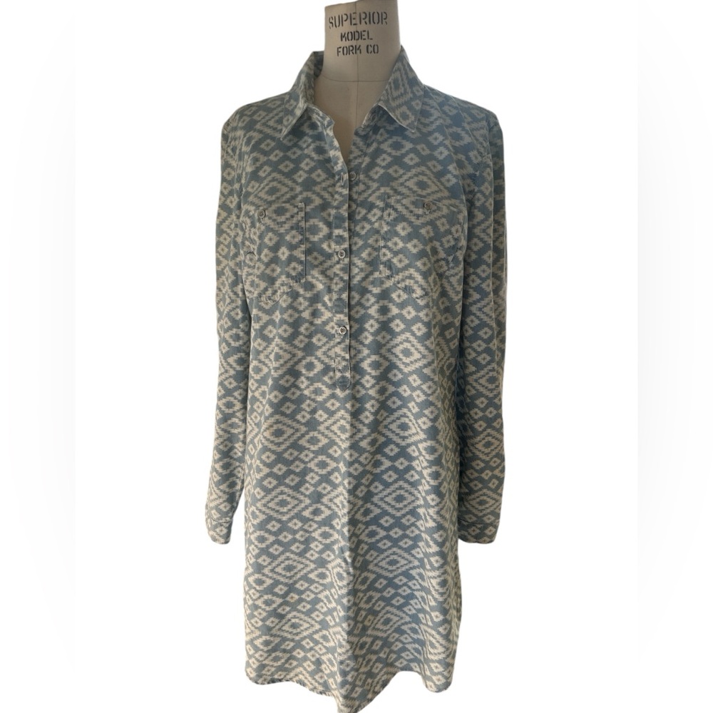 Lucky Brand Chambray Ikat Print Shirt Dress, Blue and White, Size Medium